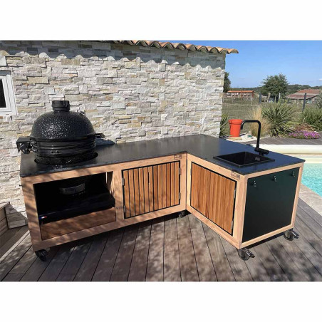 2 cuisines Lulu La Nantaise XS Tontons Grilleurs en L avec barbecue kamado encastré et évier